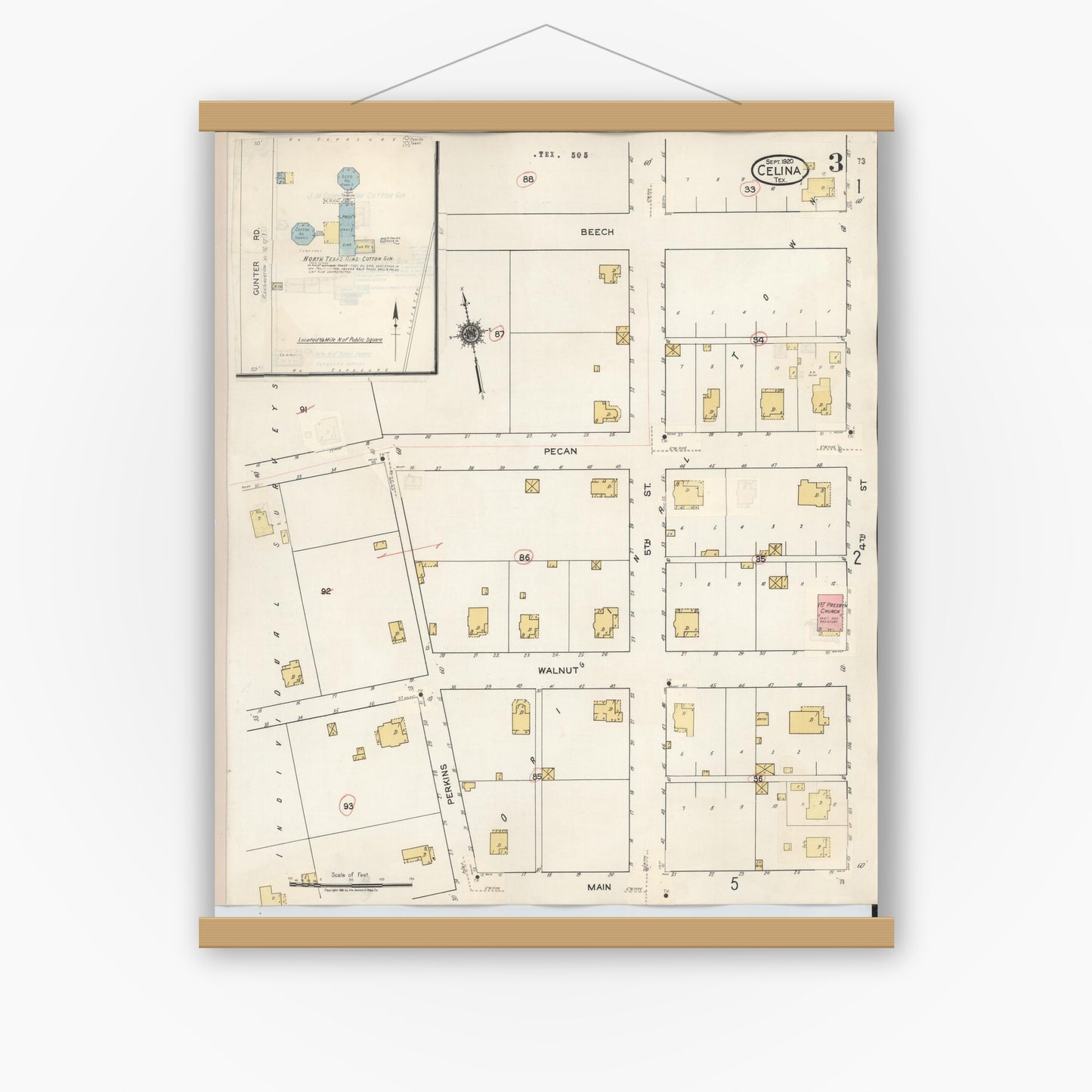 Old map wall art mockup — magnetic wood frame on white wall — Sanborn Fire Insurance Map from Celina, Collin County, Texas (1944), Sheet #0003