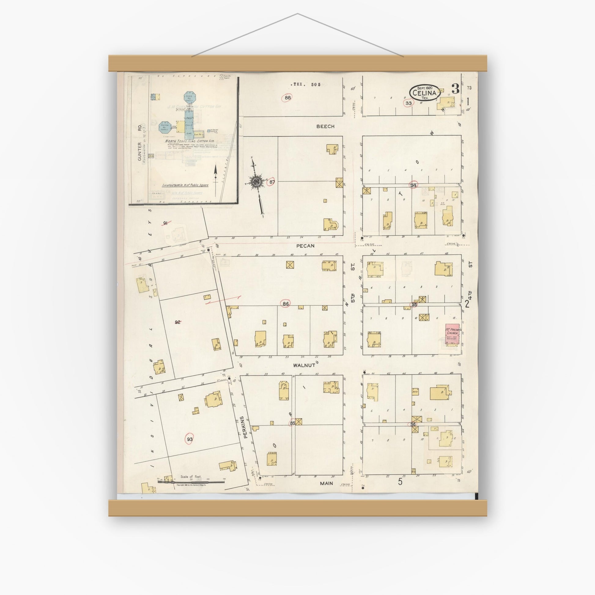 Old map wall art mockup — magnetic wood frame on white wall — Sanborn Fire Insurance Map from Celina, Collin County, Texas (1944), Sheet #0003