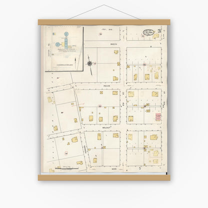 Old map wall art mockup — magnetic wood frame on white wall — Sanborn Fire Insurance Map from Celina, Collin County, Texas (1944), Sheet #0003