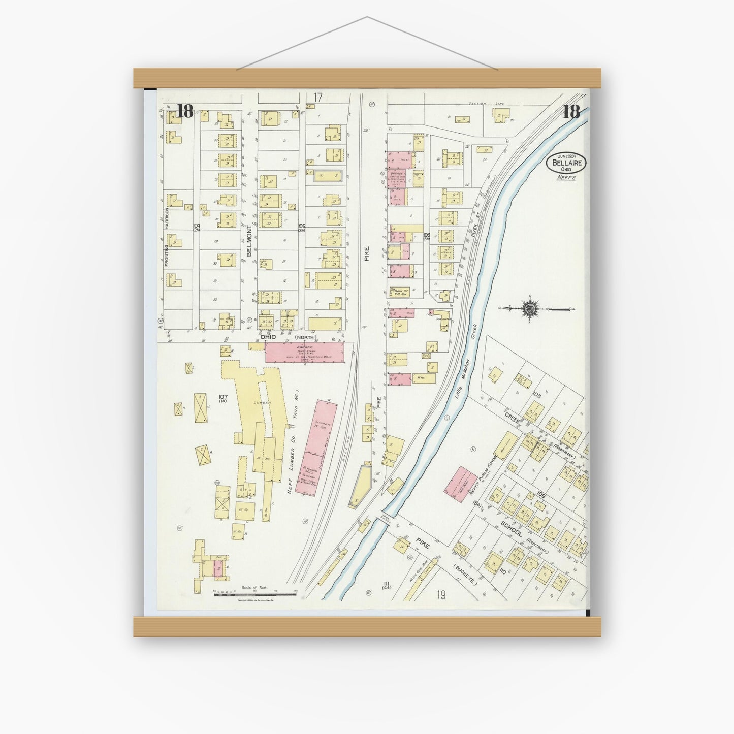Old map wall art mockup — magnetic wood frame on white wall — Sanborn Fire Insurance Map from Bellaire, Belmont County, Ohio (1924), Sheet #0018