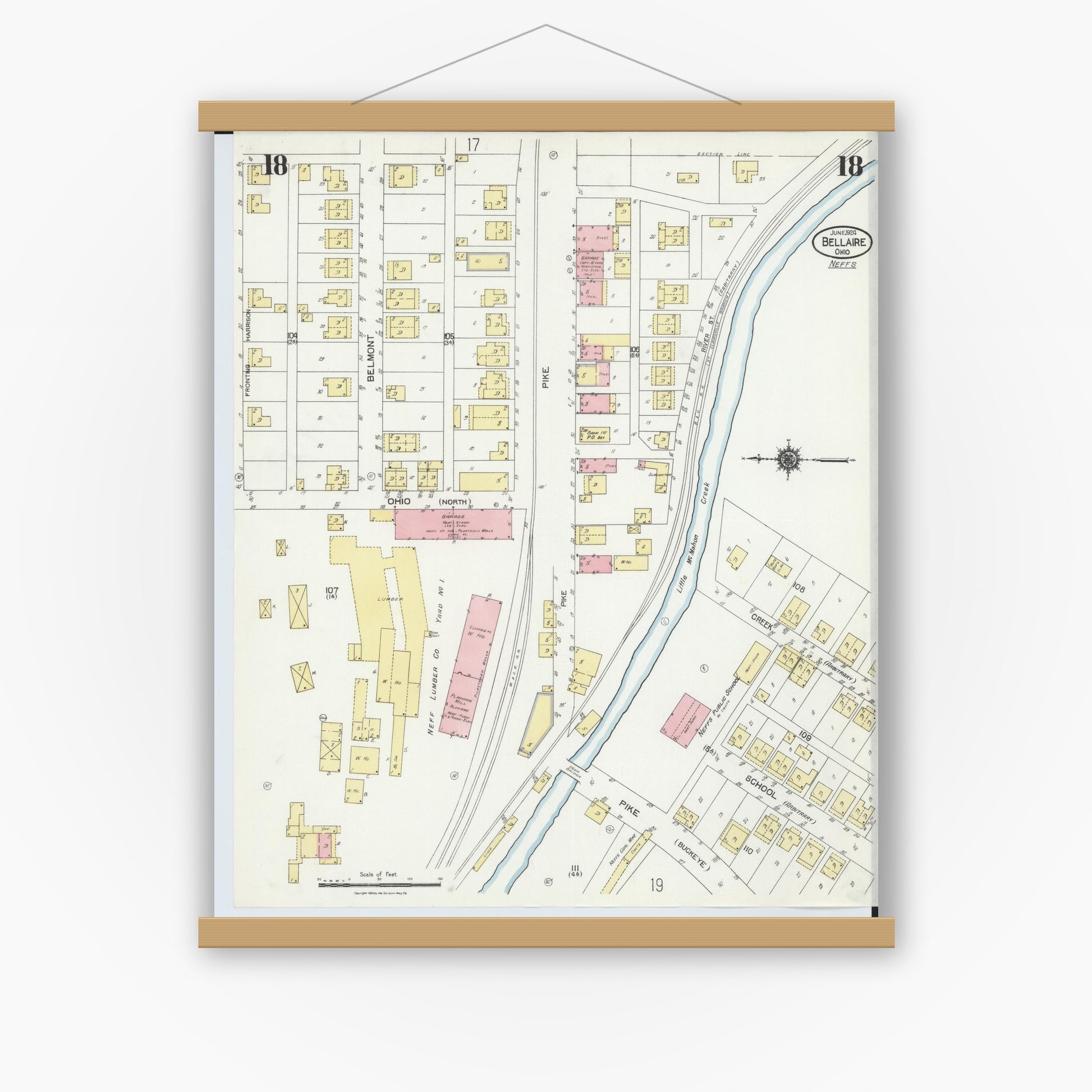 Old map wall art mockup — magnetic wood frame on white wall — Sanborn Fire Insurance Map from Bellaire, Belmont County, Ohio (1924), Sheet #0018