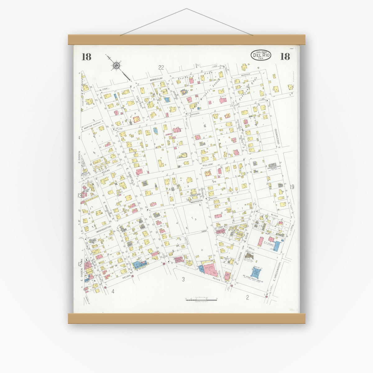 Old map wall art mockup — magnetic wood frame on white wall — Sanborn Fire Insurance Map from Del Rio, Val Verde County, Texas (1930), Sheet #0018
