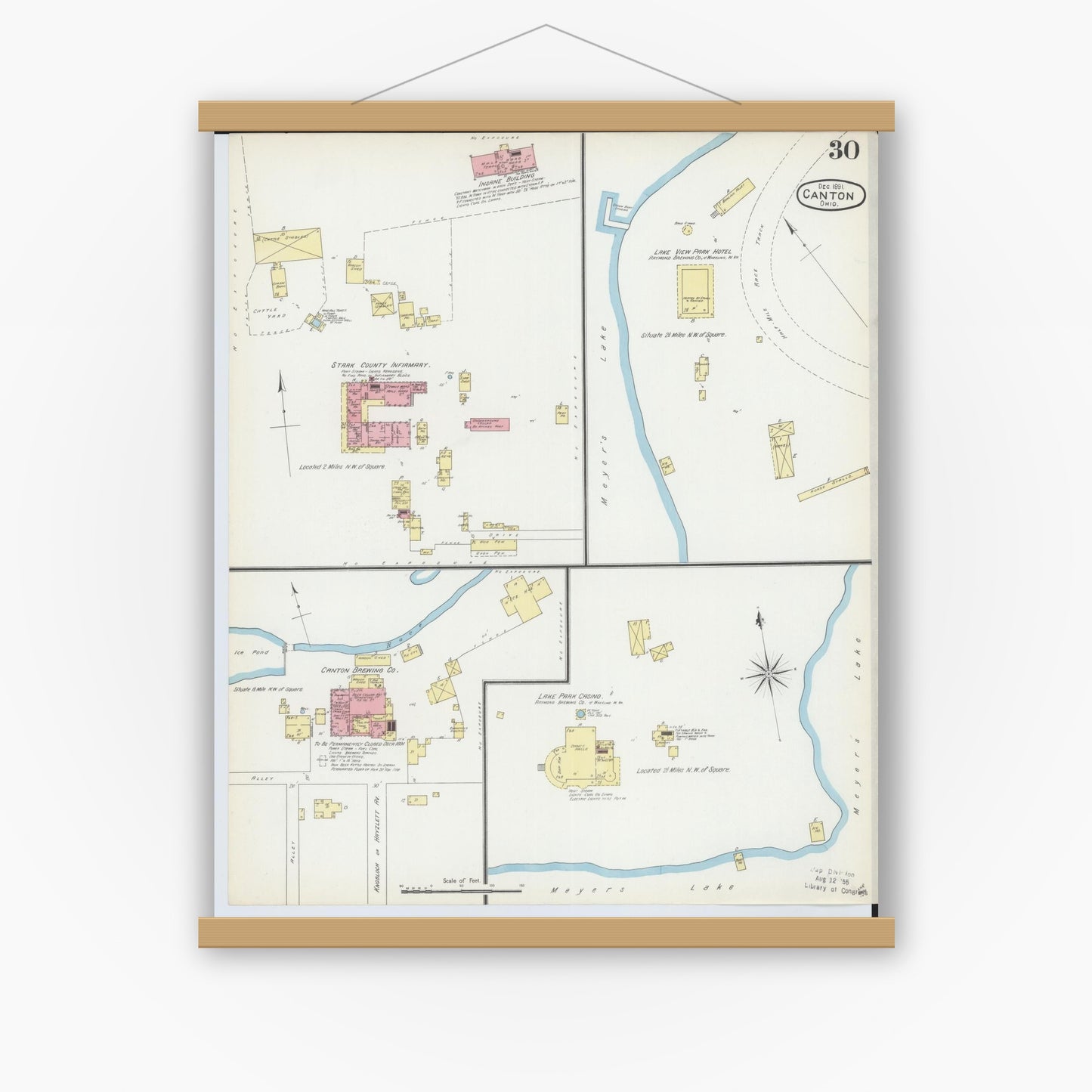 Old map wall art mockup — magnetic wood frame on white wall — Sanborn Fire Insurance Map from Canton, Stark County, Ohio (1891), Sheet #0030