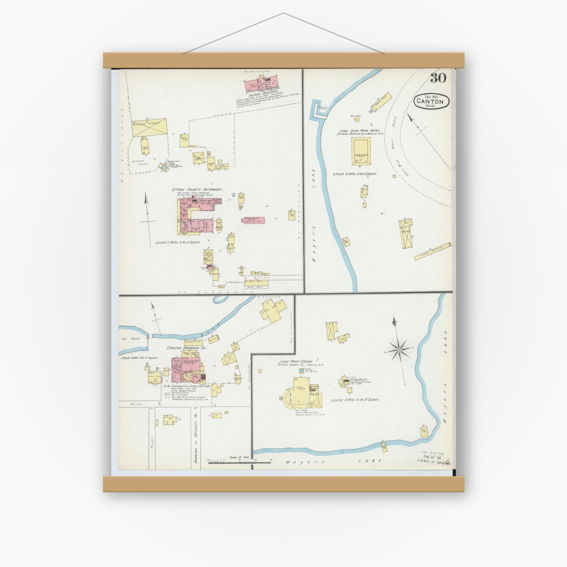 Old map wall art mockup — magnetic wood frame on white wall — Sanborn Fire Insurance Map from Canton, Stark County, Ohio (1891), Sheet #0030