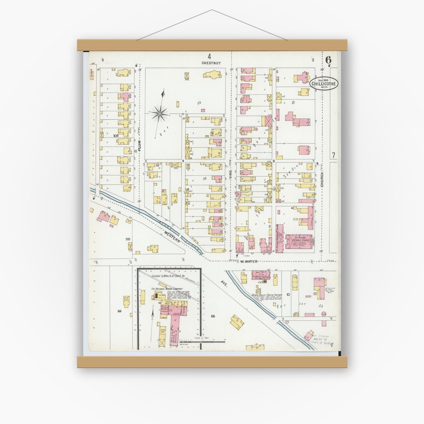 Old map wall art mockup — magnetic wood frame on white wall — Sanborn Fire Insurance Map from Chillicothe, Ross County, Ohio (1900), Sheet #0006