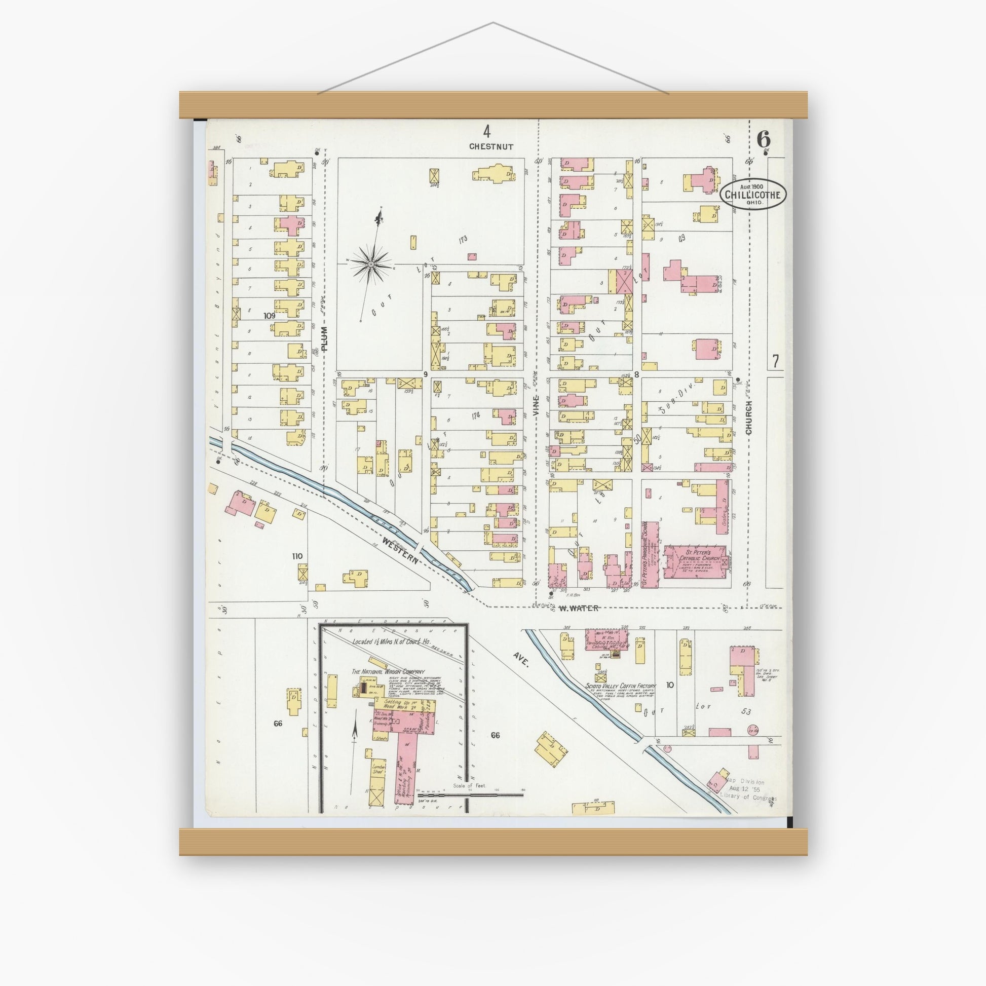Old map wall art mockup — magnetic wood frame on white wall — Sanborn Fire Insurance Map from Chillicothe, Ross County, Ohio (1900), Sheet #0006