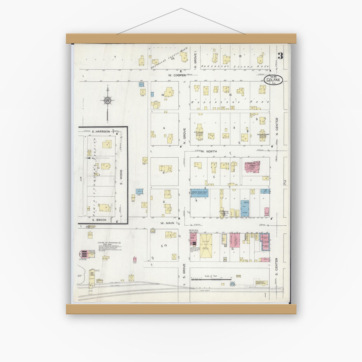 Old map wall art mockup — magnetic wood frame on white wall — Sanborn Fire Insurance Map from Colfax, McLean County, Illinois (1914), Sheet #0003
