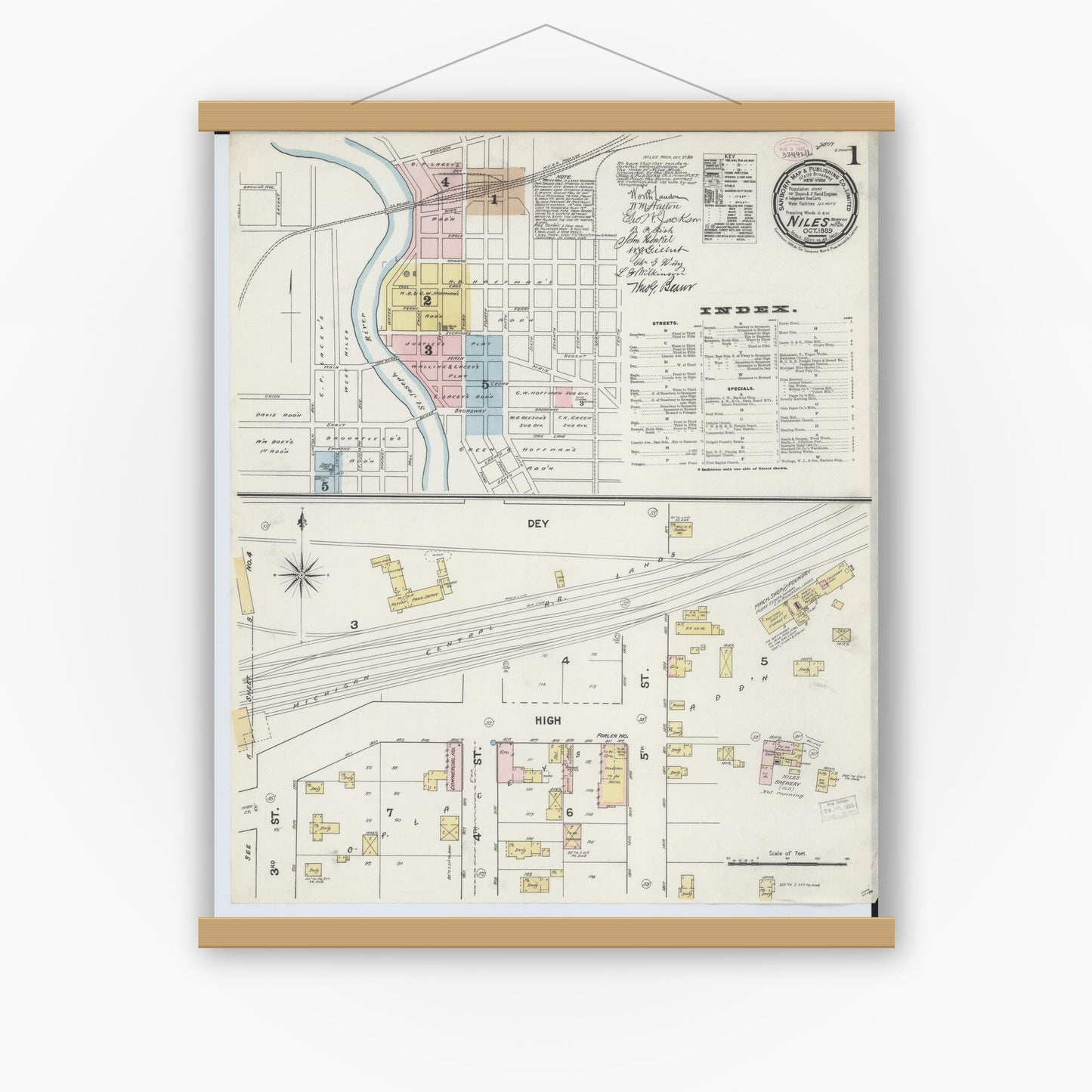 Old map wall art mockup — magnetic wood frame on white wall — Sanborn Fire Insurance Map from Niles, Berrien County, Michigan (1889) - Complete Map Set