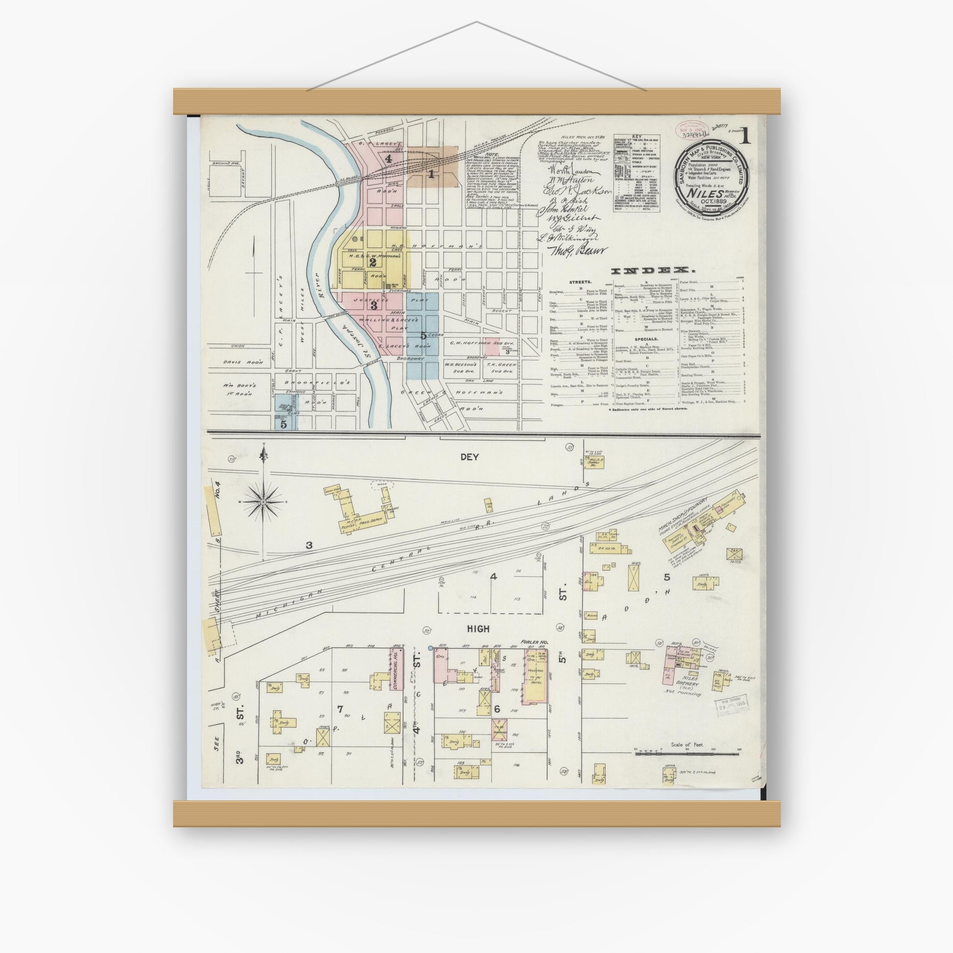 Old map wall art mockup — magnetic wood frame on white wall — Sanborn Fire Insurance Map from Niles, Berrien County, Michigan (1889) - Complete Map Set