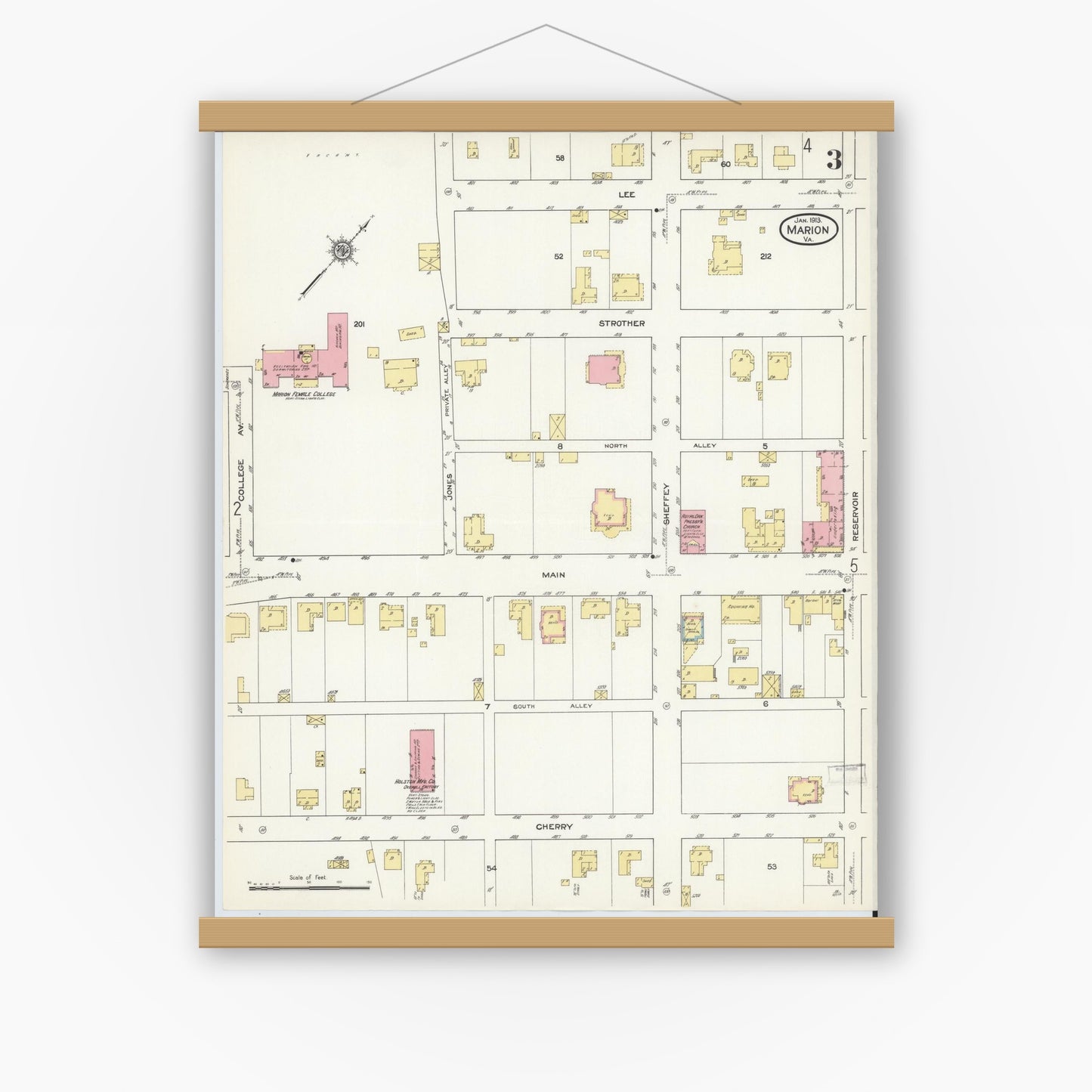 Old map wall art mockup — magnetic wood frame on white wall — Sanborn Fire Insurance Map from Marion, Smyth County, Virginia (1913), Sheet #0003