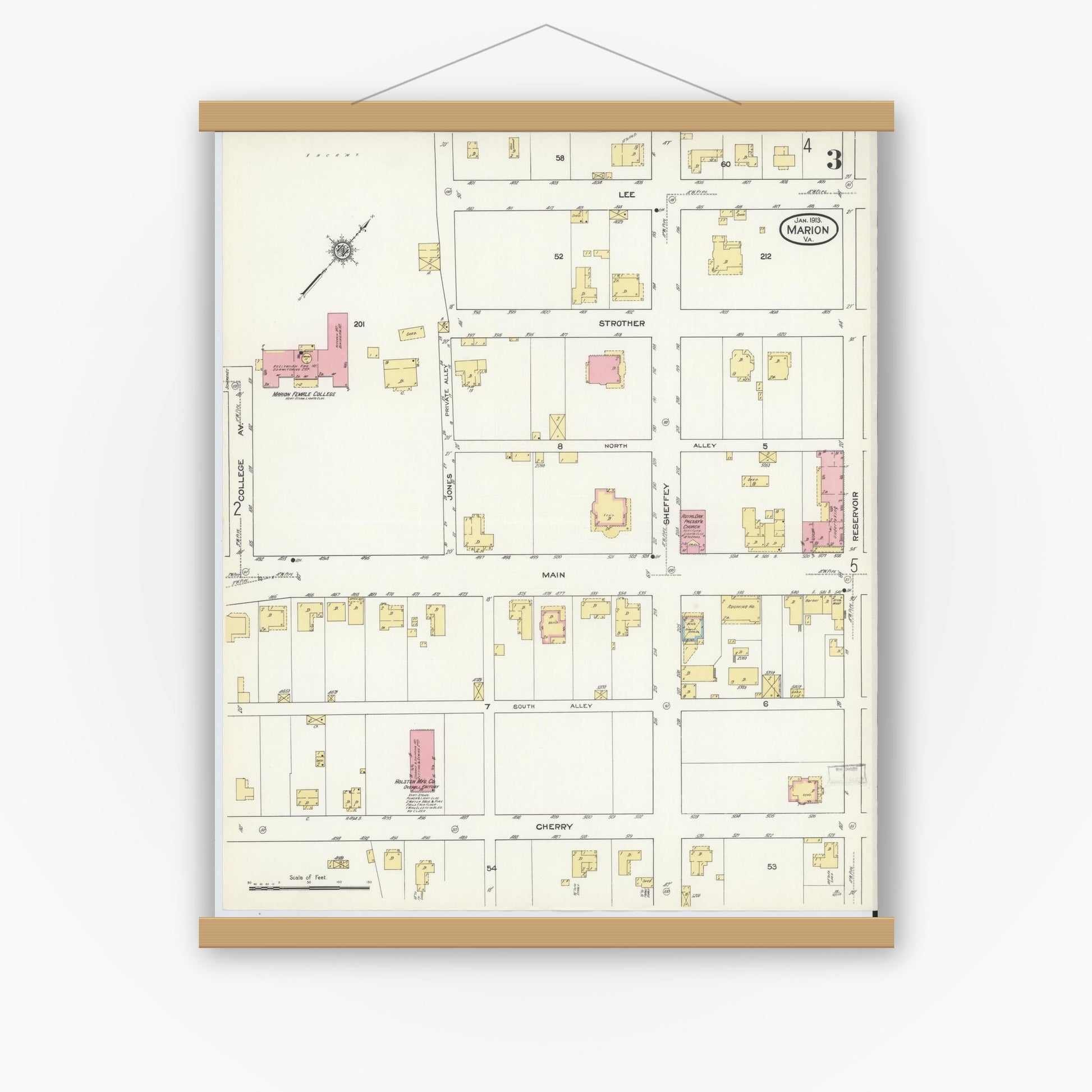 Old map wall art mockup — magnetic wood frame on white wall — Sanborn Fire Insurance Map from Marion, Smyth County, Virginia (1913), Sheet #0003