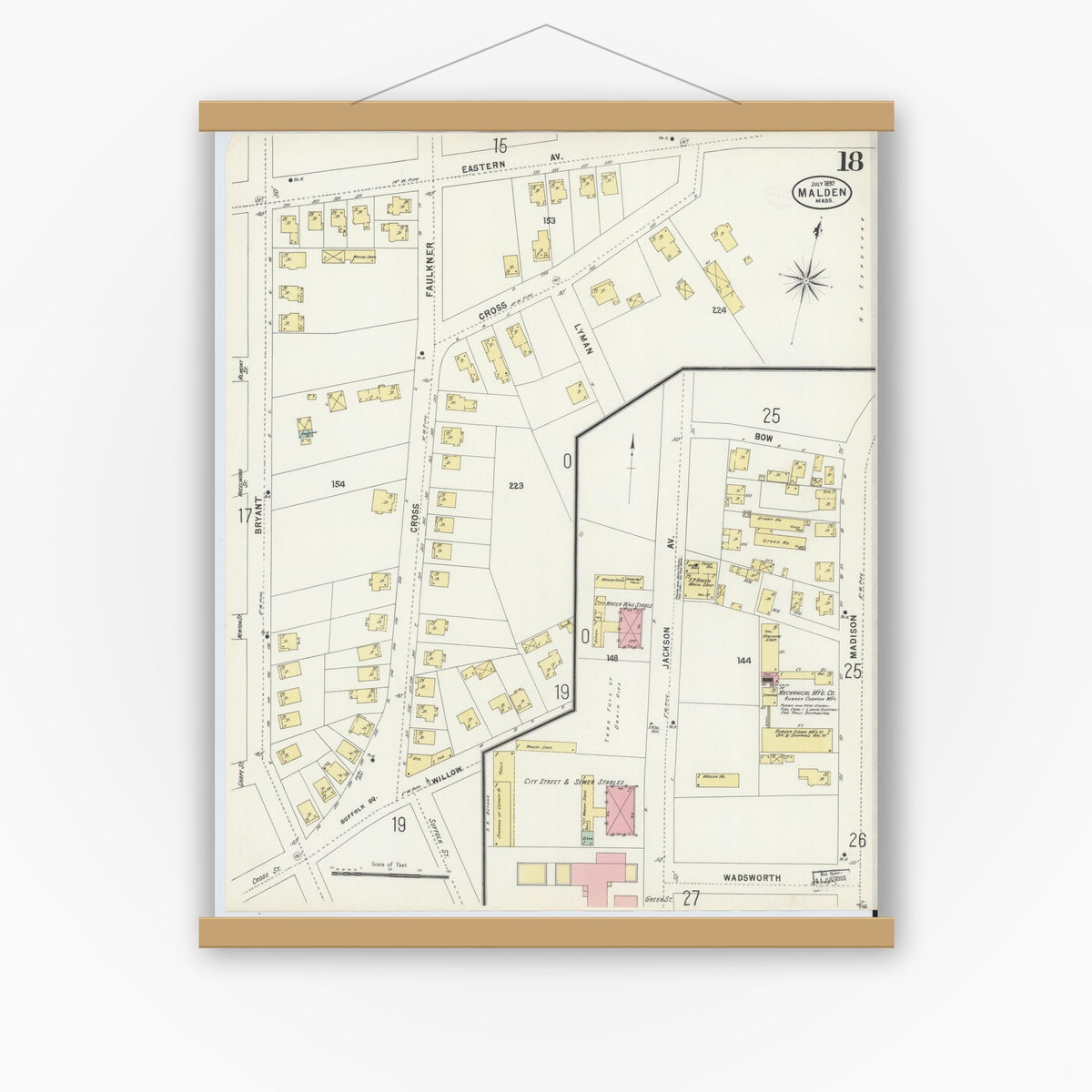 Old map wall art mockup — magnetic wood frame on white wall — Sanborn Fire Insurance Map from Malden, Middlesex County, Massachusetts (1897), Sheet #0018