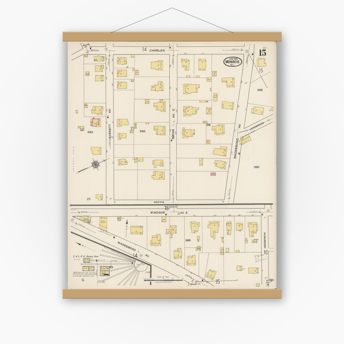 Old map wall art mockup — magnetic wood frame on white wall — Sanborn Fire Insurance Map from Monroe, Union County, North Carolina (1922), Sheet #0015