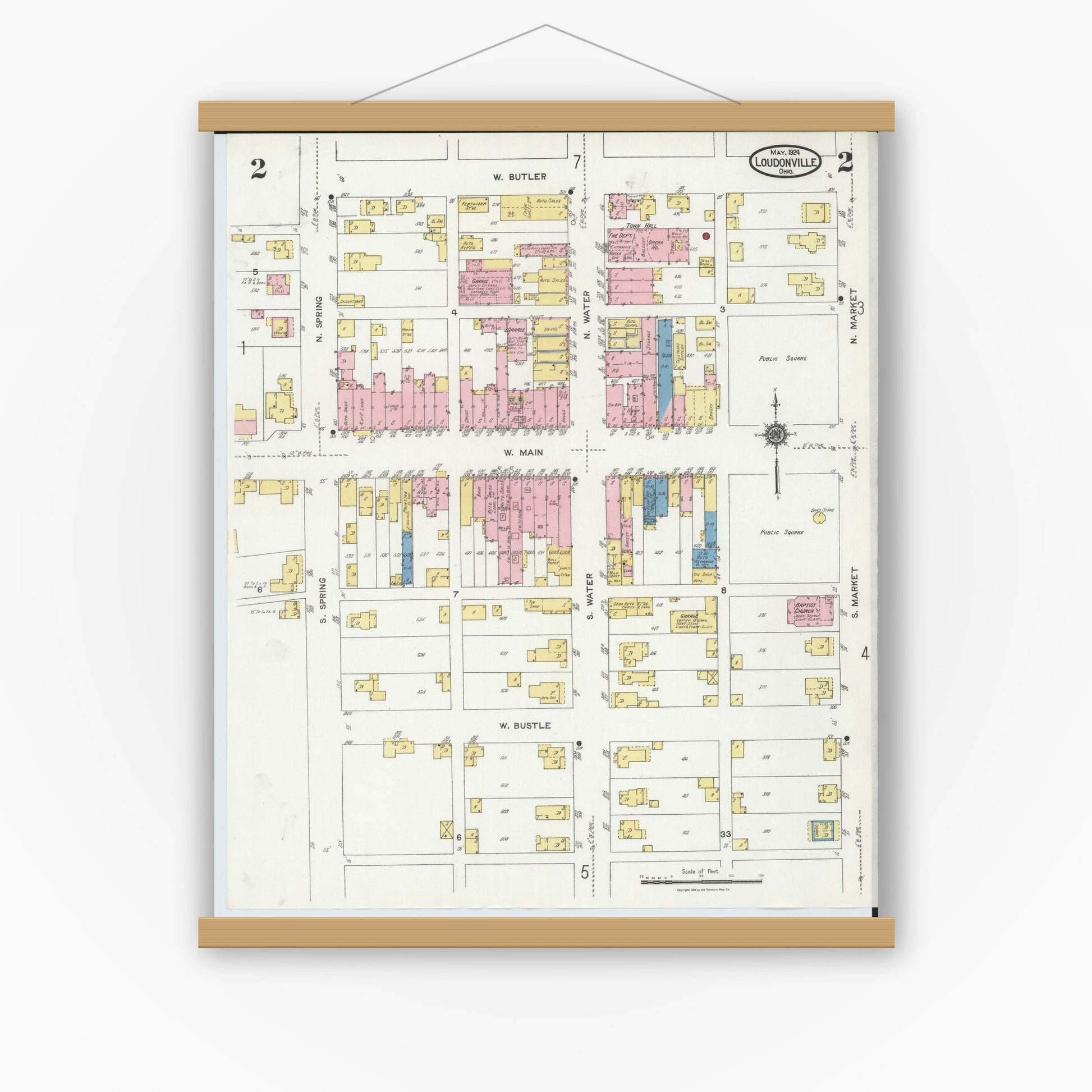 Old map wall art mockup — magnetic wood frame on white wall — Sanborn Fire Insurance Map from Loudonville, Ashland County, Ohio (1924), Sheet #0002