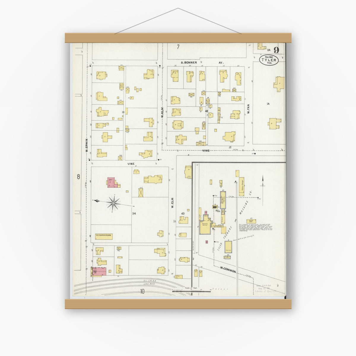 Old map wall art mockup — magnetic wood frame on white wall — Sanborn Fire Insurance Map from Tyler, Smith County, Texas (1902), Sheet #0009