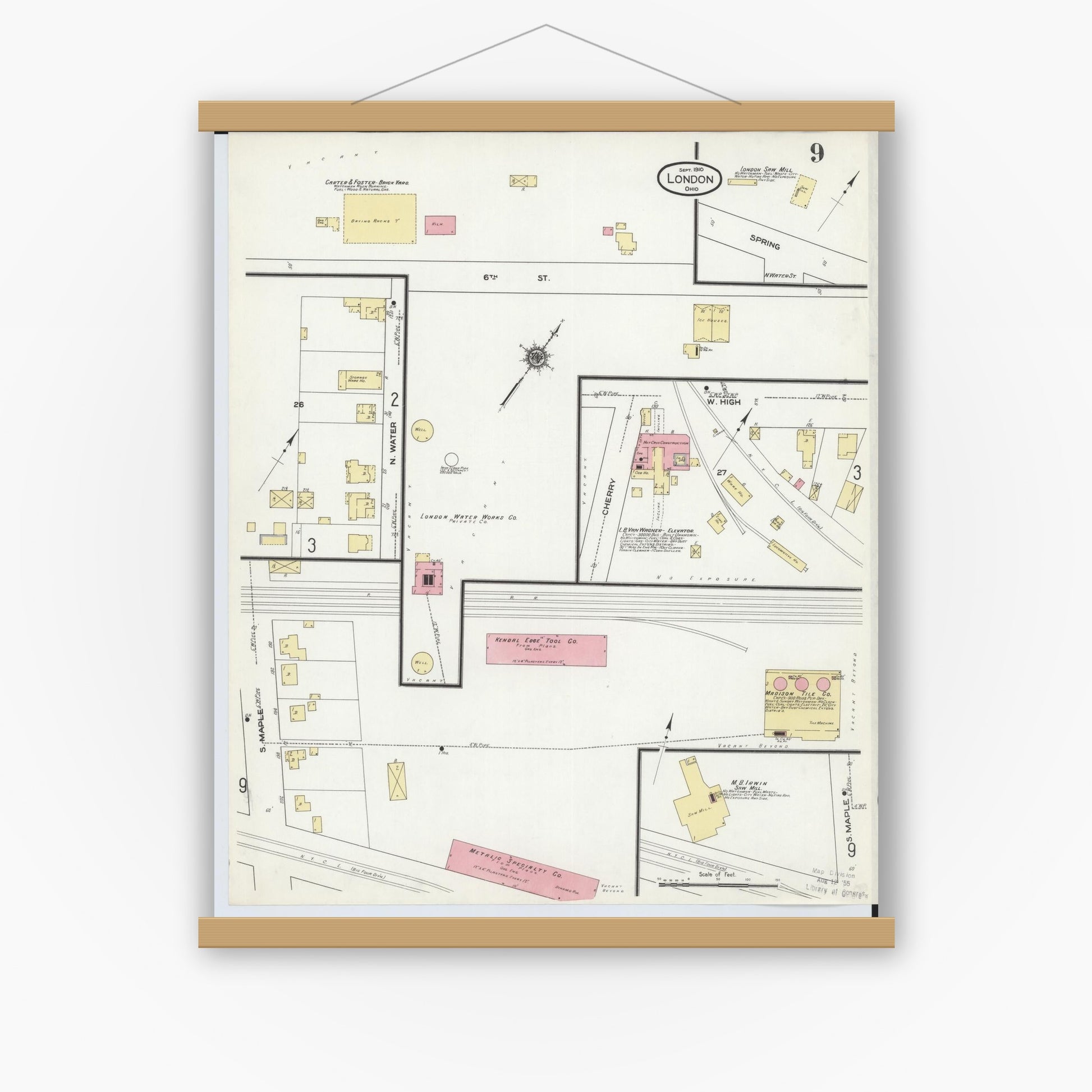 Old map wall art mockup — magnetic wood frame on white wall — Sanborn Fire Insurance Map from London, Madison County, Ohio (1910), Sheet #0009
