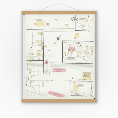 Old map wall art mockup — magnetic wood frame on white wall — Sanborn Fire Insurance Map from London, Madison County, Ohio (1910), Sheet #0009