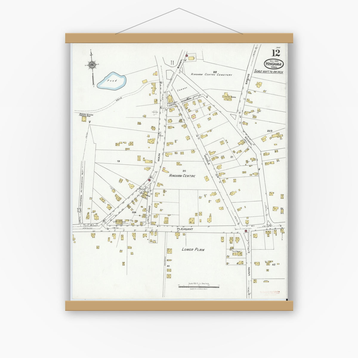 Old map wall art mockup — magnetic wood frame on white wall — Sanborn Fire Insurance Map from Hingham, Plymouth County, Massachusetts (1921), Sheet #0012