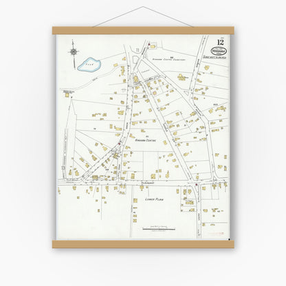 Old map wall art mockup — magnetic wood frame on white wall — Sanborn Fire Insurance Map from Hingham, Plymouth County, Massachusetts (1921), Sheet #0012