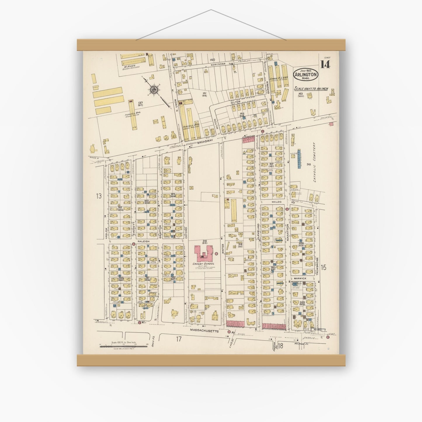 Old map wall art mockup — magnetic wood frame on white wall — Sanborn Fire Insurance Map from Arlington, Middlesex County, Massachusetts (1922), Sheet #0014