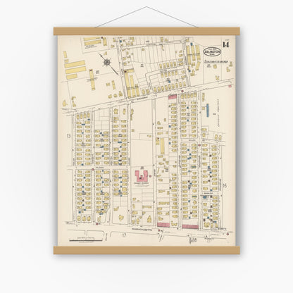 Old map wall art mockup — magnetic wood frame on white wall — Sanborn Fire Insurance Map from Arlington, Middlesex County, Massachusetts (1922), Sheet #0014