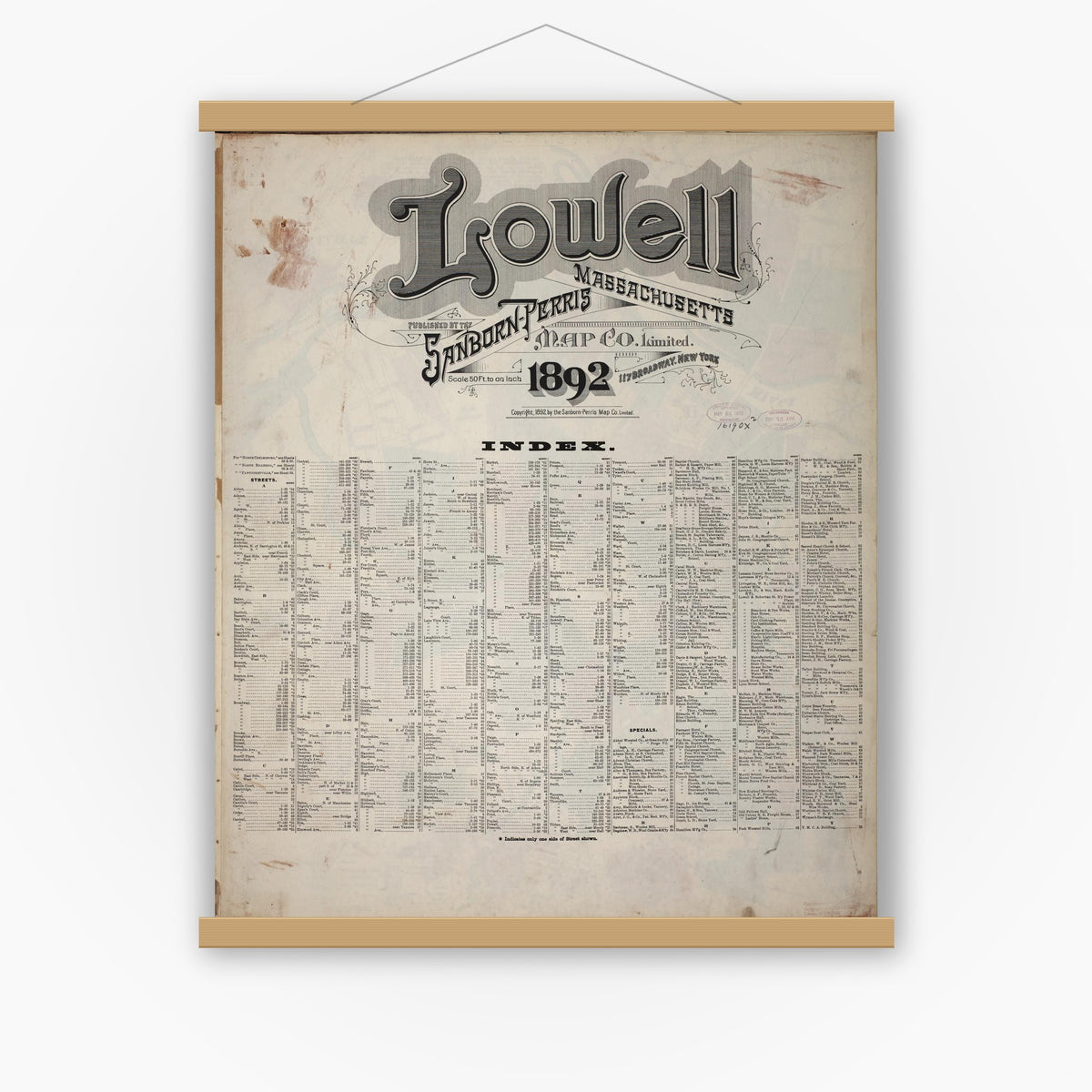 Old map wall art mockup — magnetic wood frame on white wall — Sanborn Fire Insurance Map from Lowell, Middlesex County, Massachusetts (1892), Sheet #0001