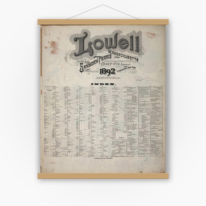 Old map wall art mockup — magnetic wood frame on white wall — Sanborn Fire Insurance Map from Lowell, Middlesex County, Massachusetts (1892), Sheet #0001