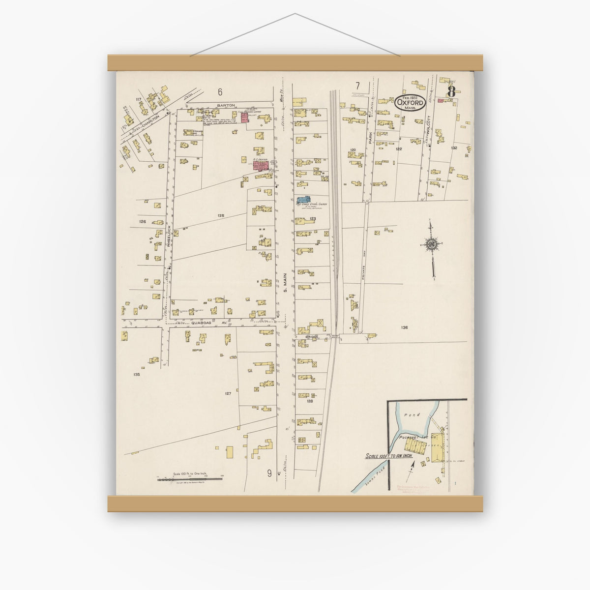 Old map wall art mockup — magnetic wood frame on white wall — Sanborn Fire Insurance Map from Oxford, Worcester County, Massachusetts (1922), Sheet #0008
