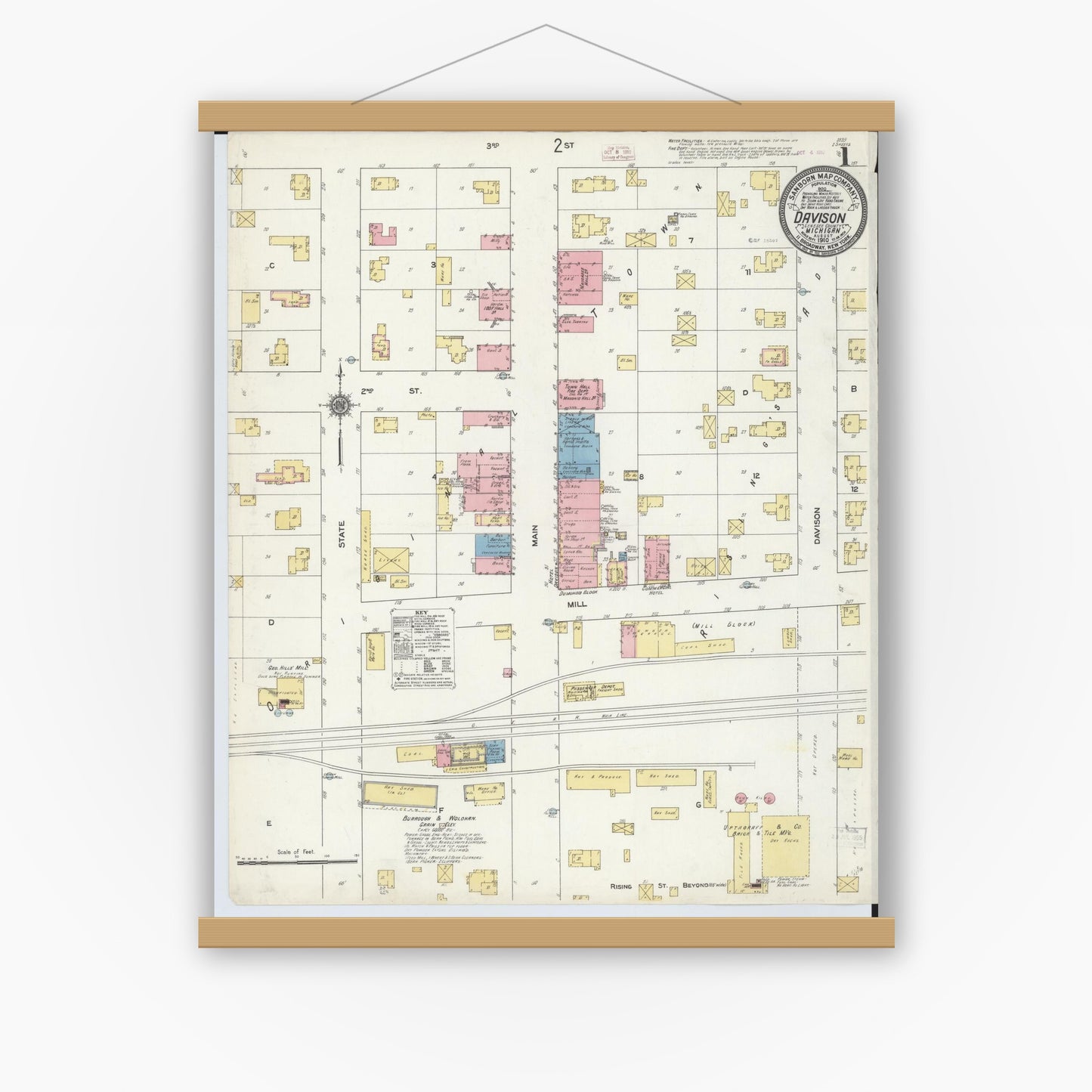 Old map wall art mockup — magnetic wood frame on white wall — Sanborn Fire Insurance Map from Davison, Genesee County, Michigan (1910), Sheet #0001