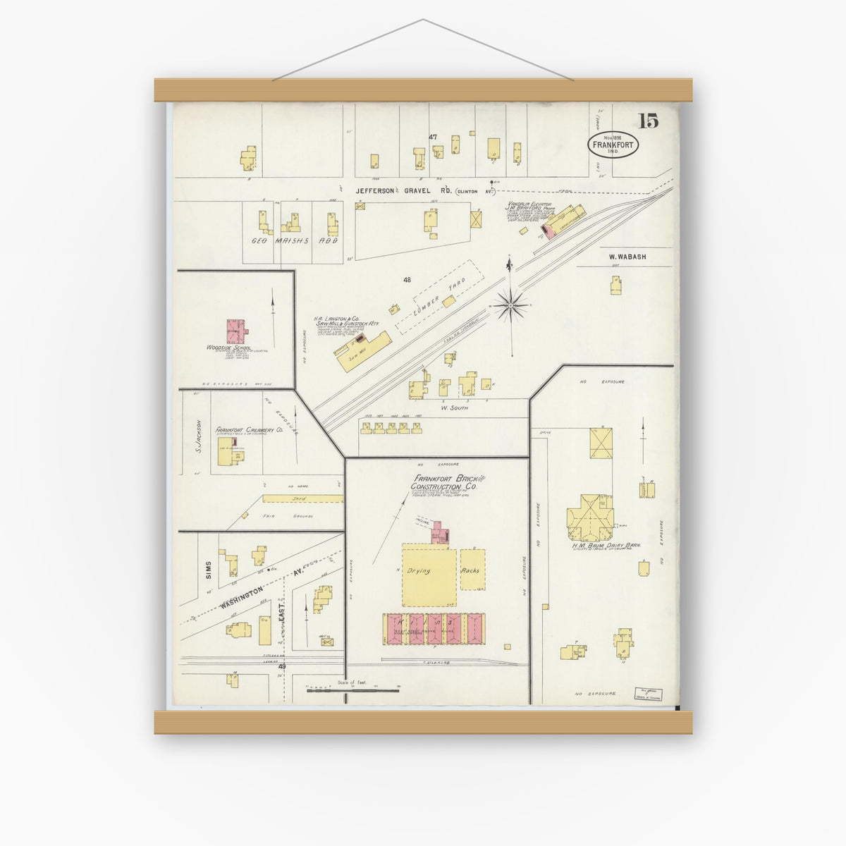 Old map wall art mockup — magnetic wood frame on white wall — Sanborn Fire Insurance Map from Frankfort, Clinton County, Indiana (1898), Sheet #0015