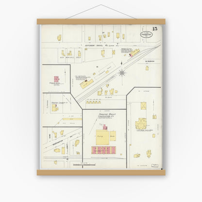 Old map wall art mockup — magnetic wood frame on white wall — Sanborn Fire Insurance Map from Frankfort, Clinton County, Indiana (1898), Sheet #0015