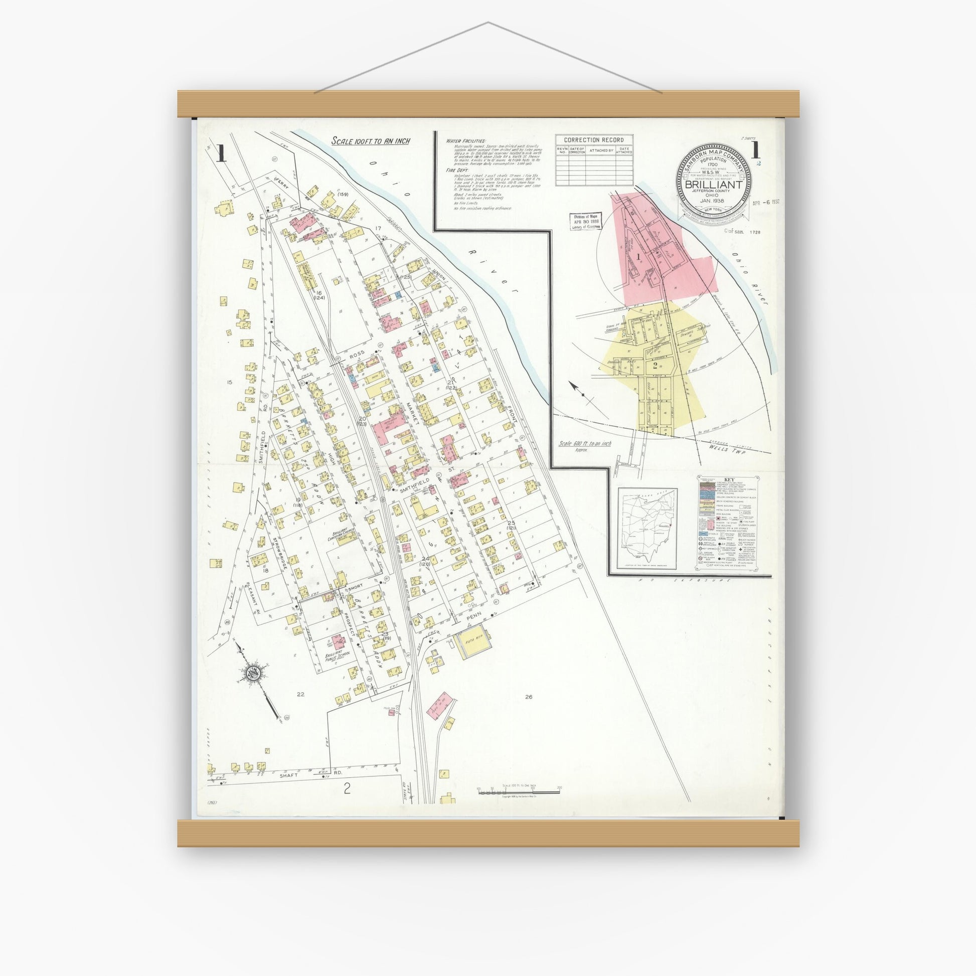 Old map wall art mockup — magnetic wood frame on white wall — Sanborn Fire Insurance Map from Brilliant, Jefferson County, Ohio (1938), Sheet #0001
