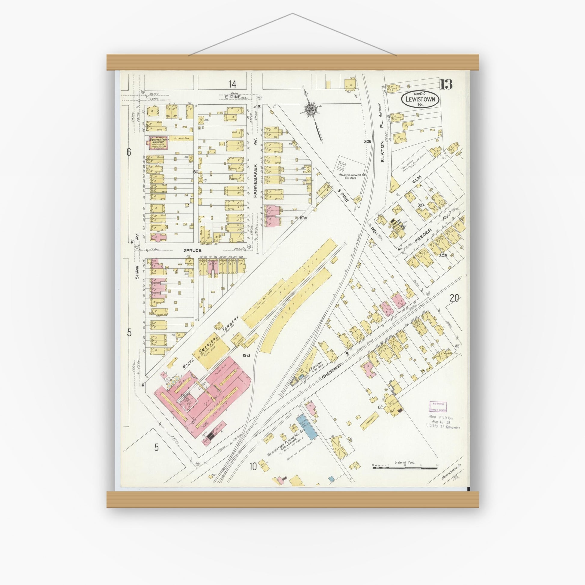 Old map wall art mockup — magnetic wood frame on white wall — Sanborn Fire Insurance Map from Lewistown, Mifflin County, Pennsylvania (1910), Sheet #0013