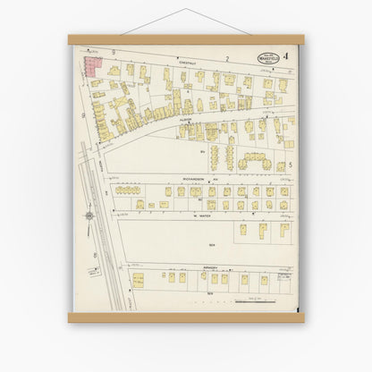 Old map wall art mockup — magnetic wood frame on white wall — Sanborn Fire Insurance Map from Wakefield, Middlesex County, Massachusetts (1915), Sheet #0004