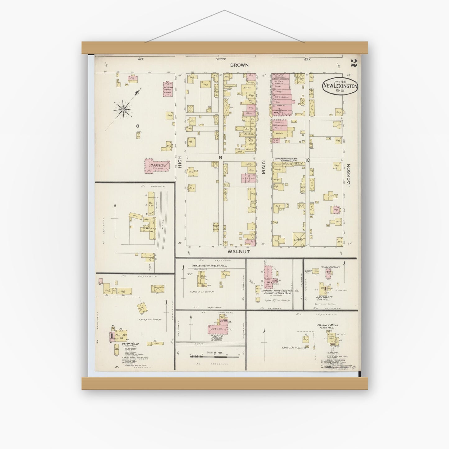 Old map wall art mockup — magnetic wood frame on white wall — Sanborn Fire Insurance Map from New Lexington, Perry County, Ohio (1887), Sheet #0002