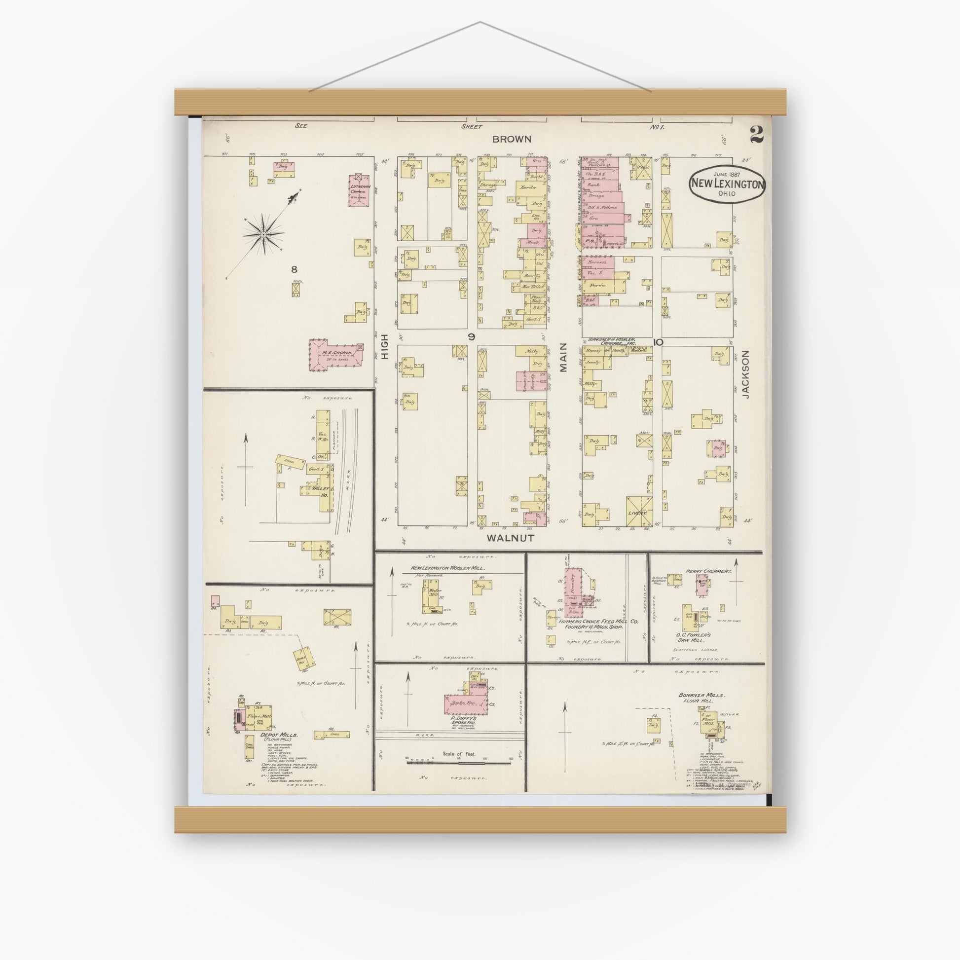 Old map wall art mockup — magnetic wood frame on white wall — Sanborn Fire Insurance Map from New Lexington, Perry County, Ohio (1887), Sheet #0002