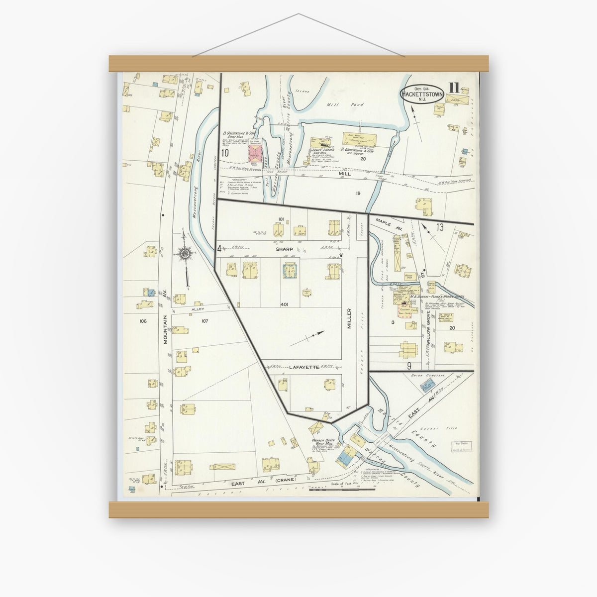 Old map wall art mockup — magnetic wood frame on white wall — Sanborn Fire Insurance Map from Hackettstown, Warren County, New Jersey (1914), Sheet #0011