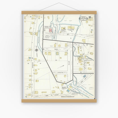 Old map wall art mockup — magnetic wood frame on white wall — Sanborn Fire Insurance Map from Hackettstown, Warren County, New Jersey (1914), Sheet #0011