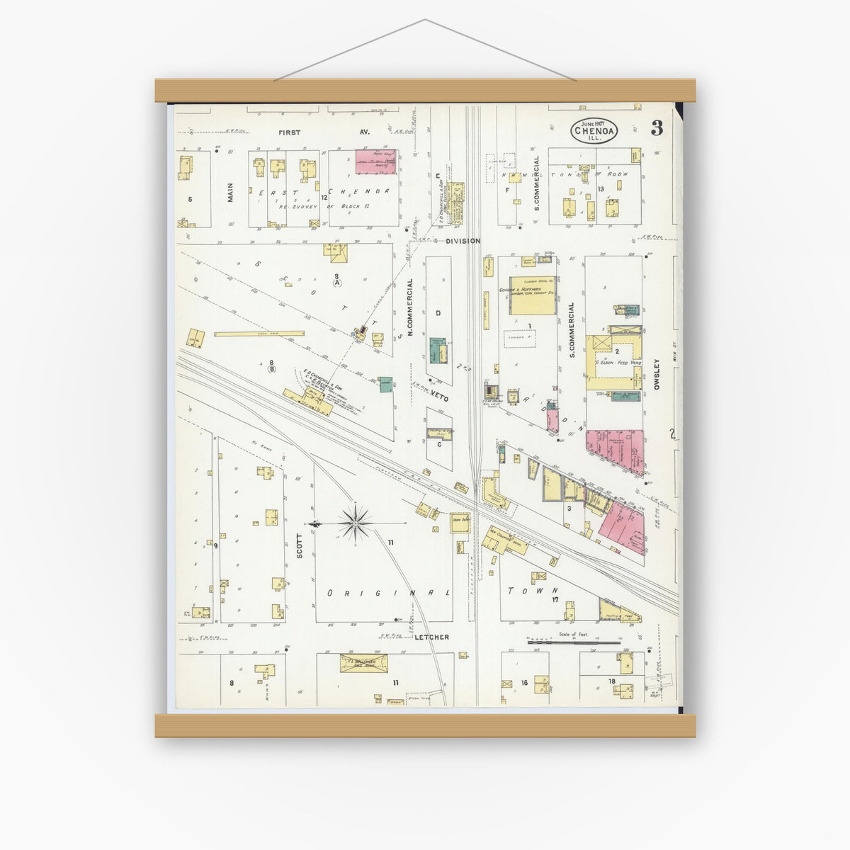 Old map wall art mockup — magnetic wood frame on white wall — Sanborn Fire Insurance Map from Chenoa, McLean County, Illinois (1907), Sheet #0003