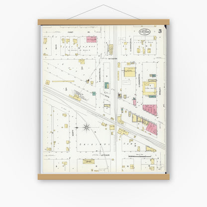 Old map wall art mockup — magnetic wood frame on white wall — Sanborn Fire Insurance Map from Chenoa, McLean County, Illinois (1907), Sheet #0003
