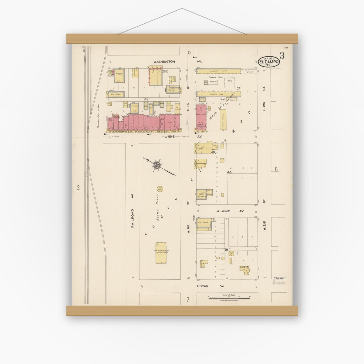 Old map wall art mockup — magnetic wood frame on white wall — Sanborn Fire Insurance Map from El Campo, Wharton County, Texas (1922), Sheet #0003