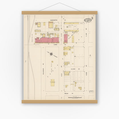Old map wall art mockup — magnetic wood frame on white wall — Sanborn Fire Insurance Map from El Campo, Wharton County, Texas (1922), Sheet #0003