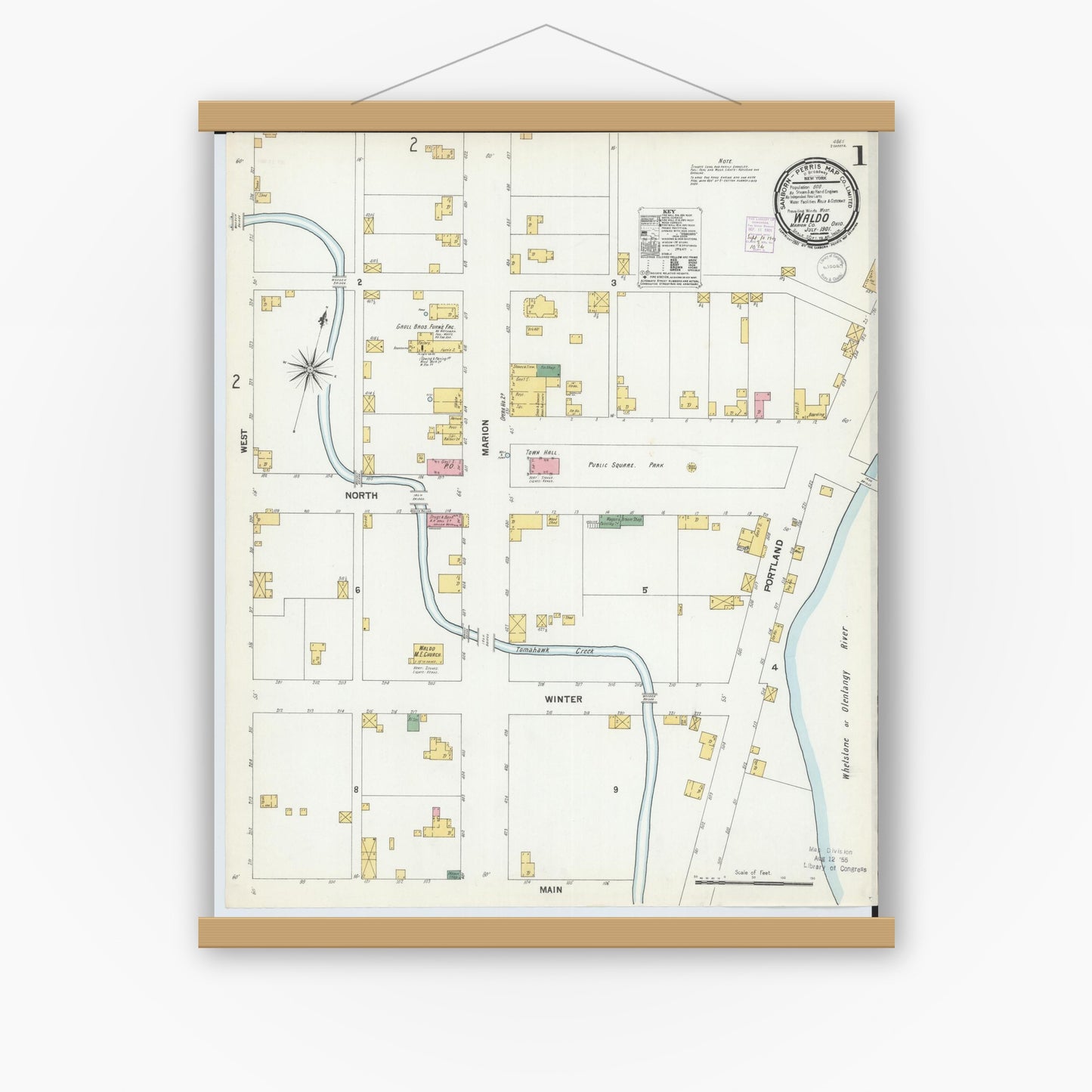 Old map wall art mockup — magnetic wood frame on white wall — Sanborn Fire Insurance Map from Waldo, Marion County, Ohio (1901) - Complete Map Set