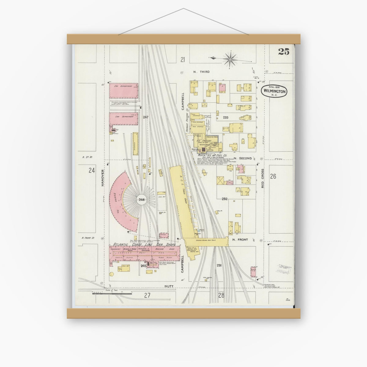 Old map wall art mockup — magnetic wood frame on white wall — Sanborn Fire Insurance Map from Wilmington, New Hanover County, North Carolina (1898), Sheet #0025