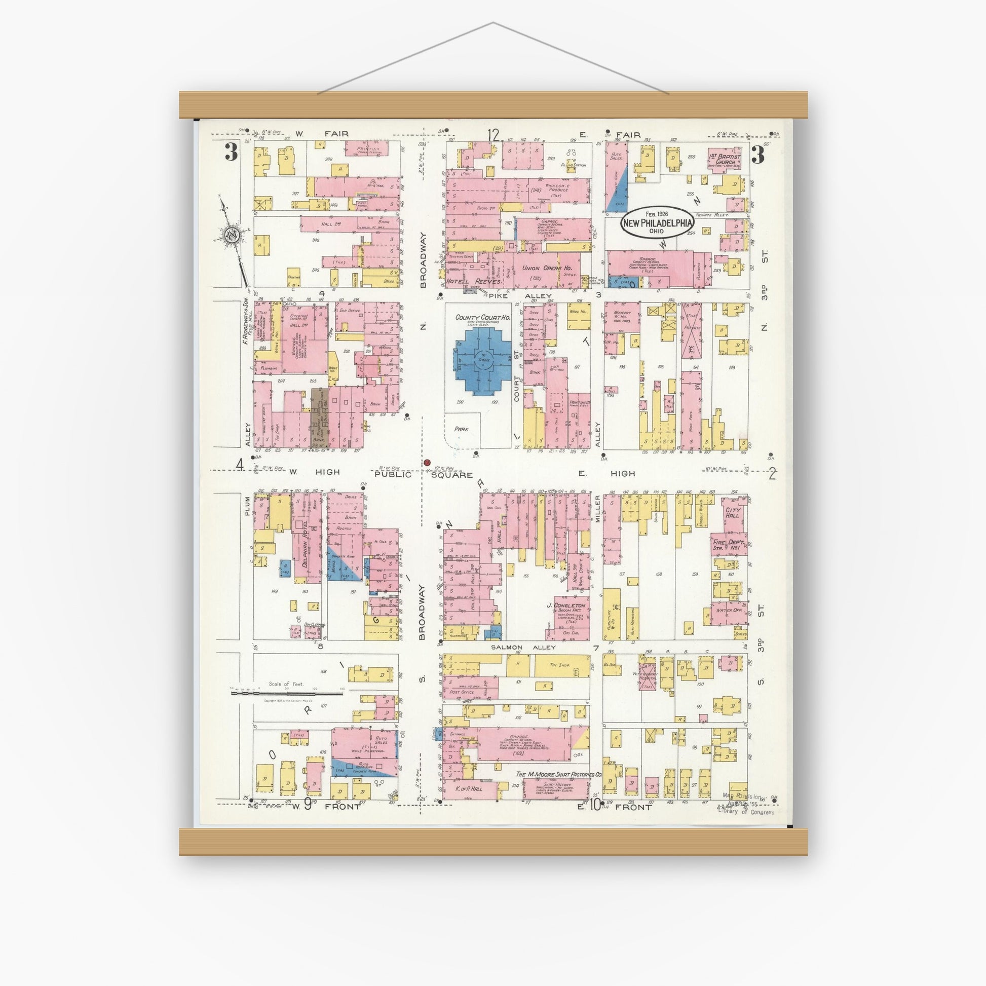 Old map wall art mockup — magnetic wood frame on white wall — Sanborn Fire Insurance Map from New Philadelphia, Tuscarawas County, Ohio (1926), Sheet #0003