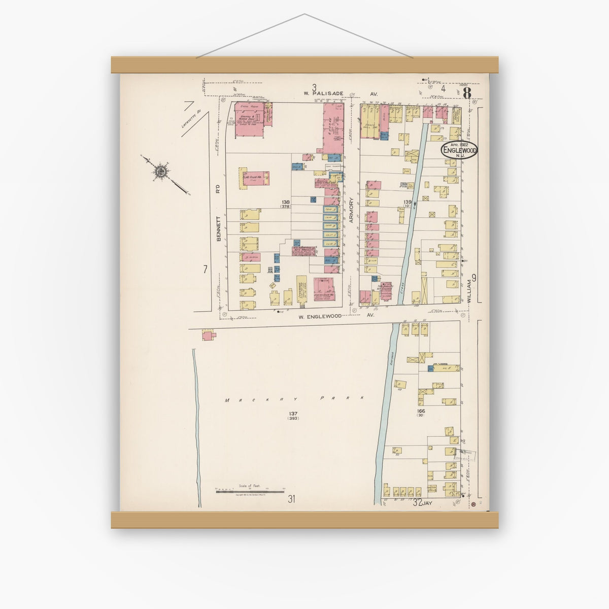 Old map wall art mockup — magnetic wood frame on white wall — Sanborn Fire Insurance Map from Englewood, Bergen County, New Jersey (1922), Sheet #0008