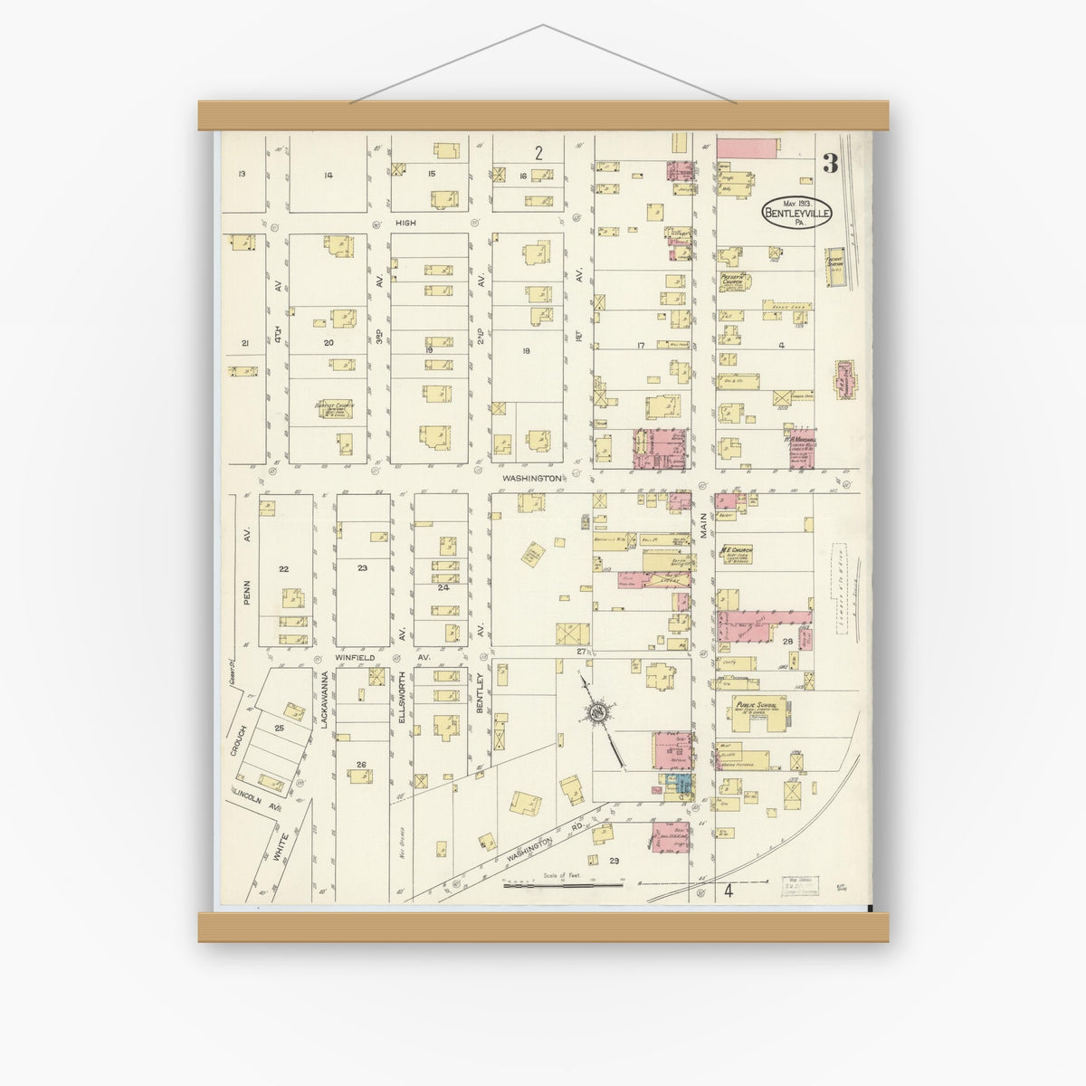 Old map wall art mockup — magnetic wood frame on white wall — Sanborn Fire Insurance Map from Bentleyville, Washington County, Pennsylvania (1913), Sheet #0003