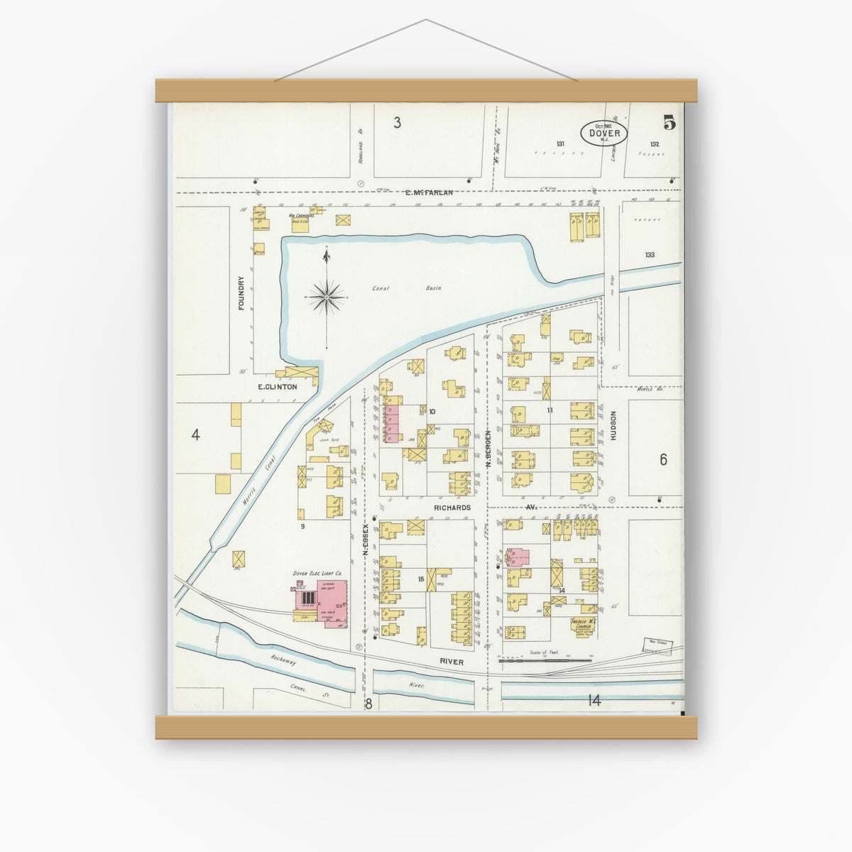 Old map wall art mockup — magnetic wood frame on white wall — Sanborn Fire Insurance Map from Dover, Morris County, New Jersey (1900), Sheet #0005