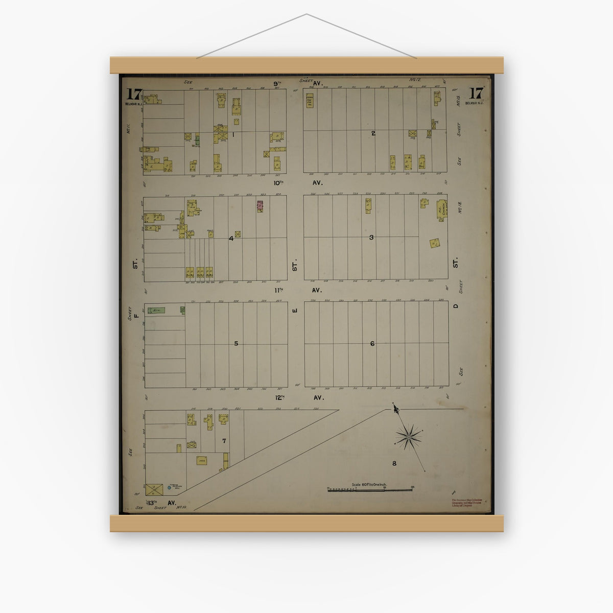 Old map wall art mockup — magnetic wood frame on white wall — Sanborn Fire Insurance Map from New Jersey Coast, New Jersey Coast, New Jersey (1890), Sheet #0017