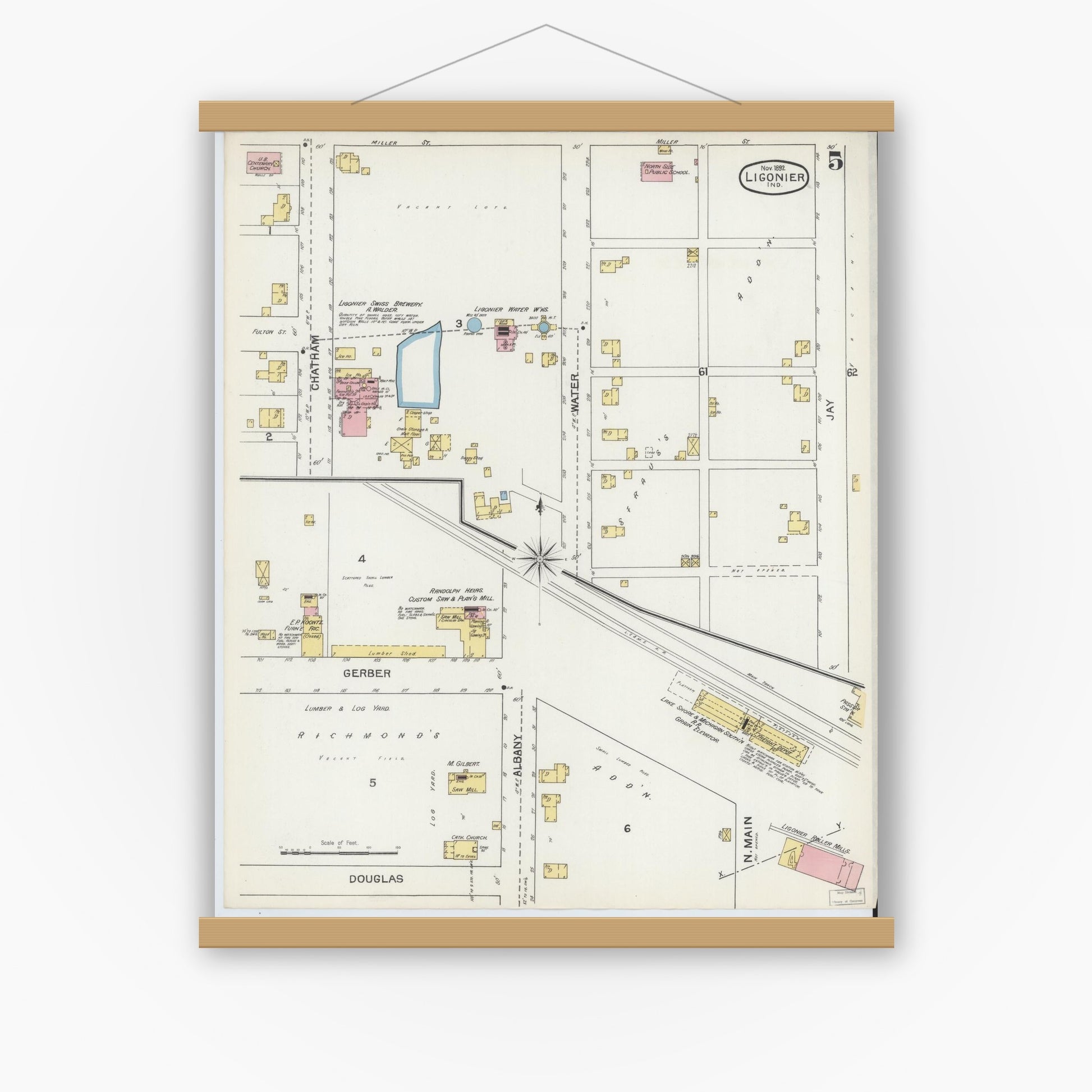 Old map wall art mockup — magnetic wood frame on white wall — Sanborn Fire Insurance Map from Ligonier, Noble County, Indiana (1892), Sheet #0005